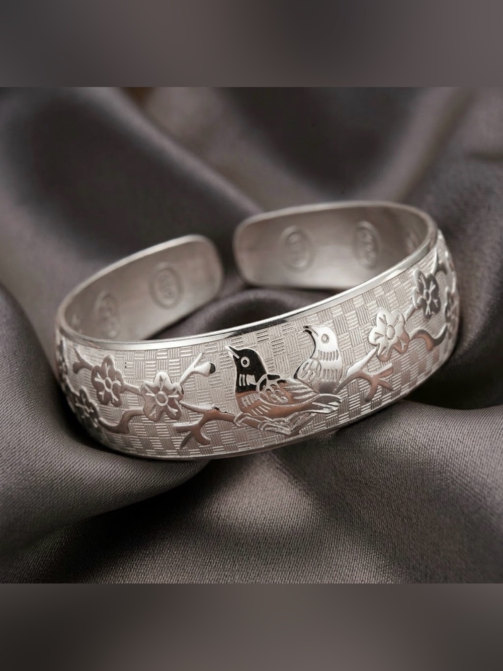 Sterling silver 925 Engraved Silver Bird & Blossom Cuff Bracelet - Silver